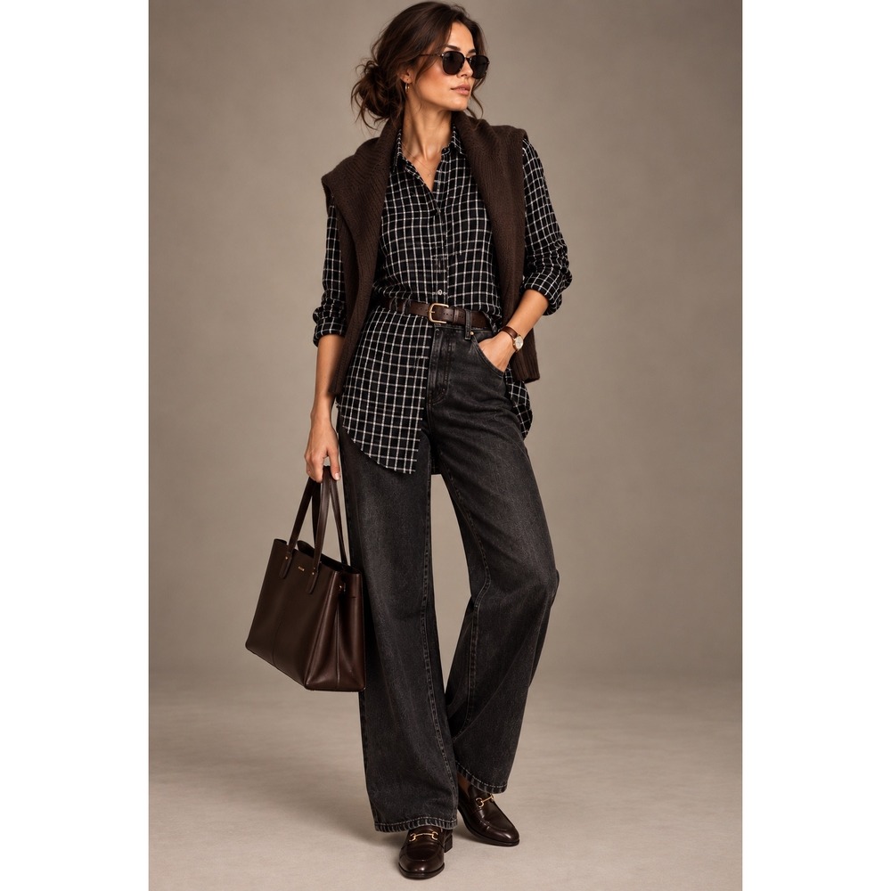J. Jill Black White Grid Check Rayon Tunic Button Back Long Sleeve Top Small